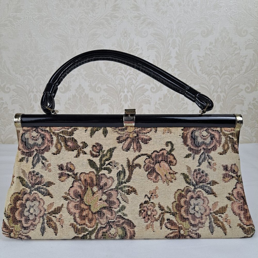 Dover 1950's Needlepoint Tapestry Frame Handbag Patent Top Handle Top Clasp Vtg